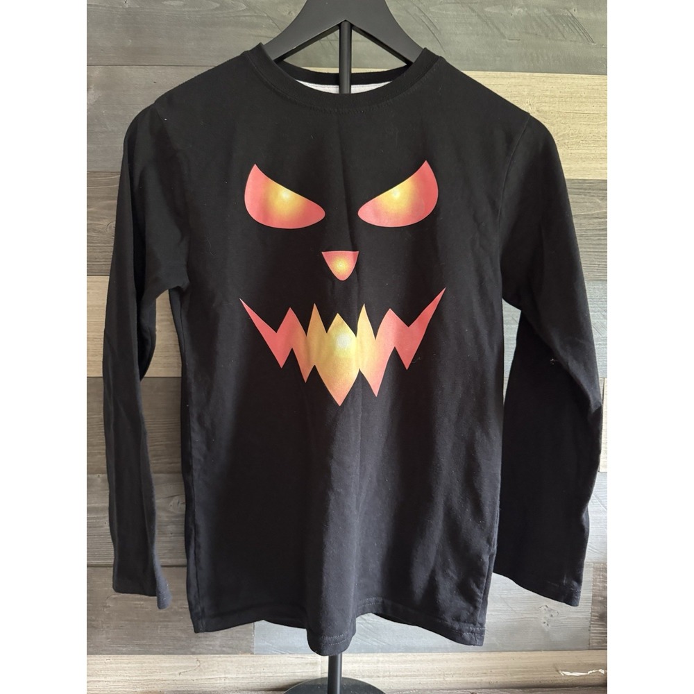 10Threads Jack O' Lantern Scary Long Sleeve Youth Shirt  Black L (10-12)